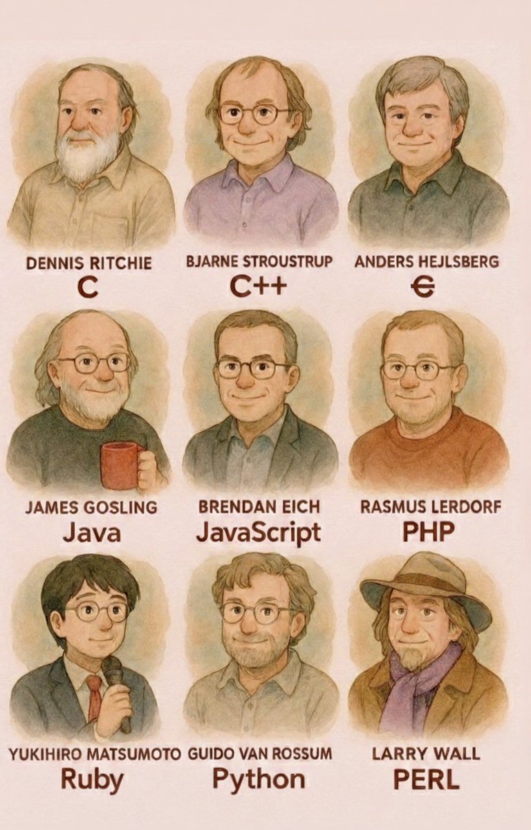 SmartLearnHub's tweet image. The masterminds who created the world’s most popular programming languages 👇
🧔 Dennis Ritchie — C
👓 Bjarne Stroustrup — C++
☕ James Gosling — Java
🧠 Guido van Rossum — Python
⚡ Brendan Eich — JavaScript
💎 Yukihiro Matsumoto — Ruby

#ProgrammingHistory #TechFacts #Code