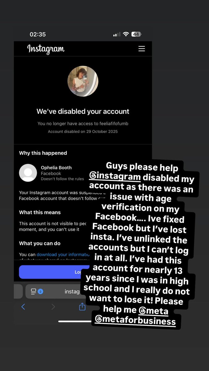 bloxxband's tweet photo. Hi @instagram @Meta @MetaforBusiness my instagram account @ feeliafifofumb has been disabled due to a linked Facebook undergoing age verification. I have fixed fb with ID and also now unlinked my instagram from the Facebook however my account remains disabled. Please help https://t.co/nTXzQqHkYf