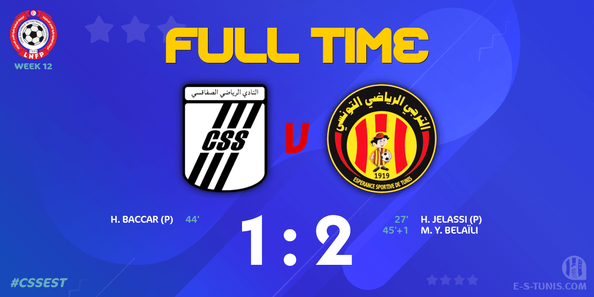 ESTuniscom's tweet photo. ⏱ FT | #Ligue1Tn🇹🇳 Week 12 #CSSEST | #CSSfaxien 1⃣-2⃣ @ESTuniscom : End of the match / نهاية المباراة / Fin du match https://t.co/hrsrdsFOwp