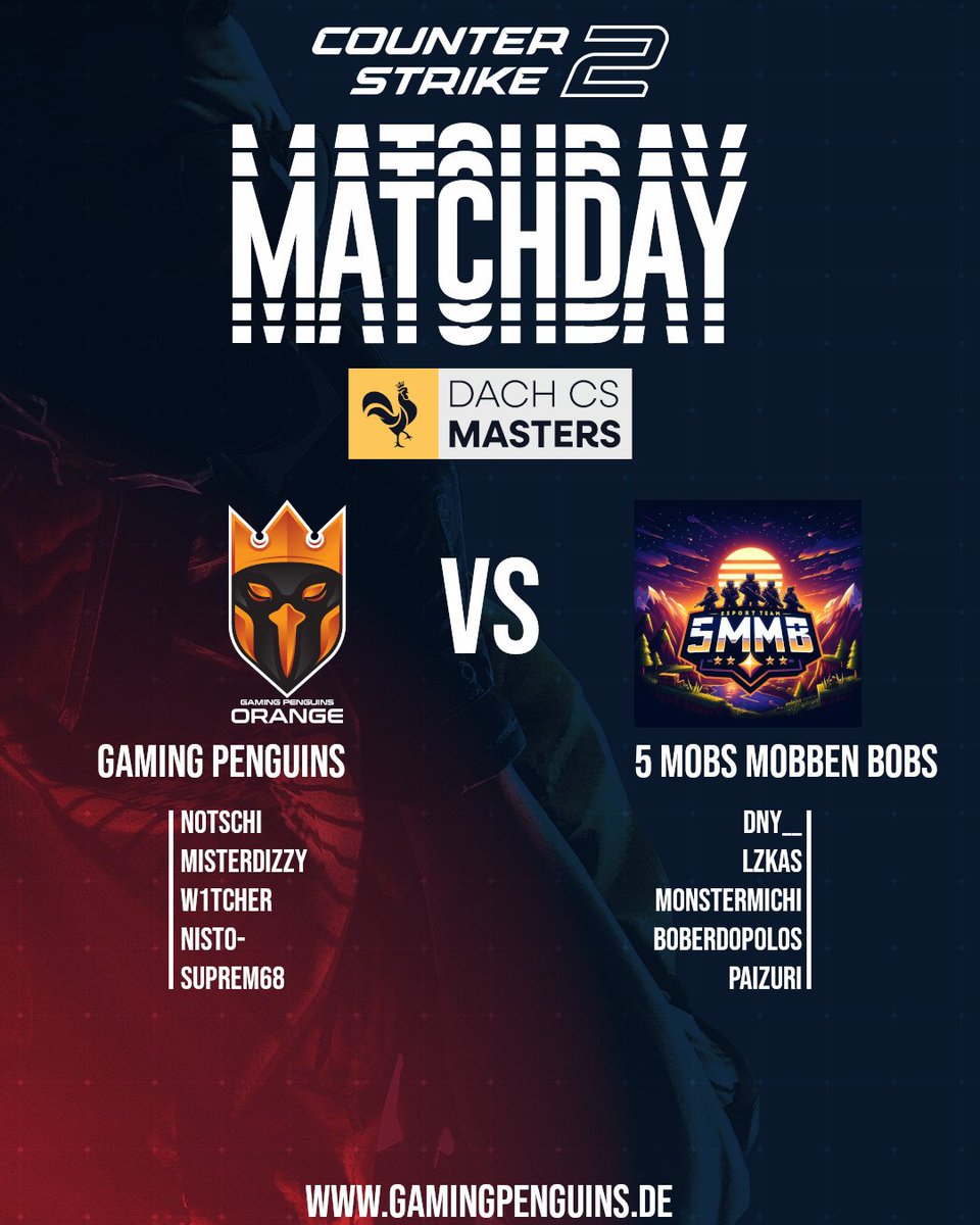 🟠 DACHCS SPK4 MATCHDAY🟠

Heute, 18:00 Best of 3 vs #5mobsmobbenbobs

Caster: Schnitzel (GP Ultra #1 und Orgaleiter)
Link: twitch.tv/gamingpenguins…

Auf gehts Pinguins, der Pflichtsieg ruft😍😍😍

🐧🐧🐧🐧🐧🐧🐧🐧🐧