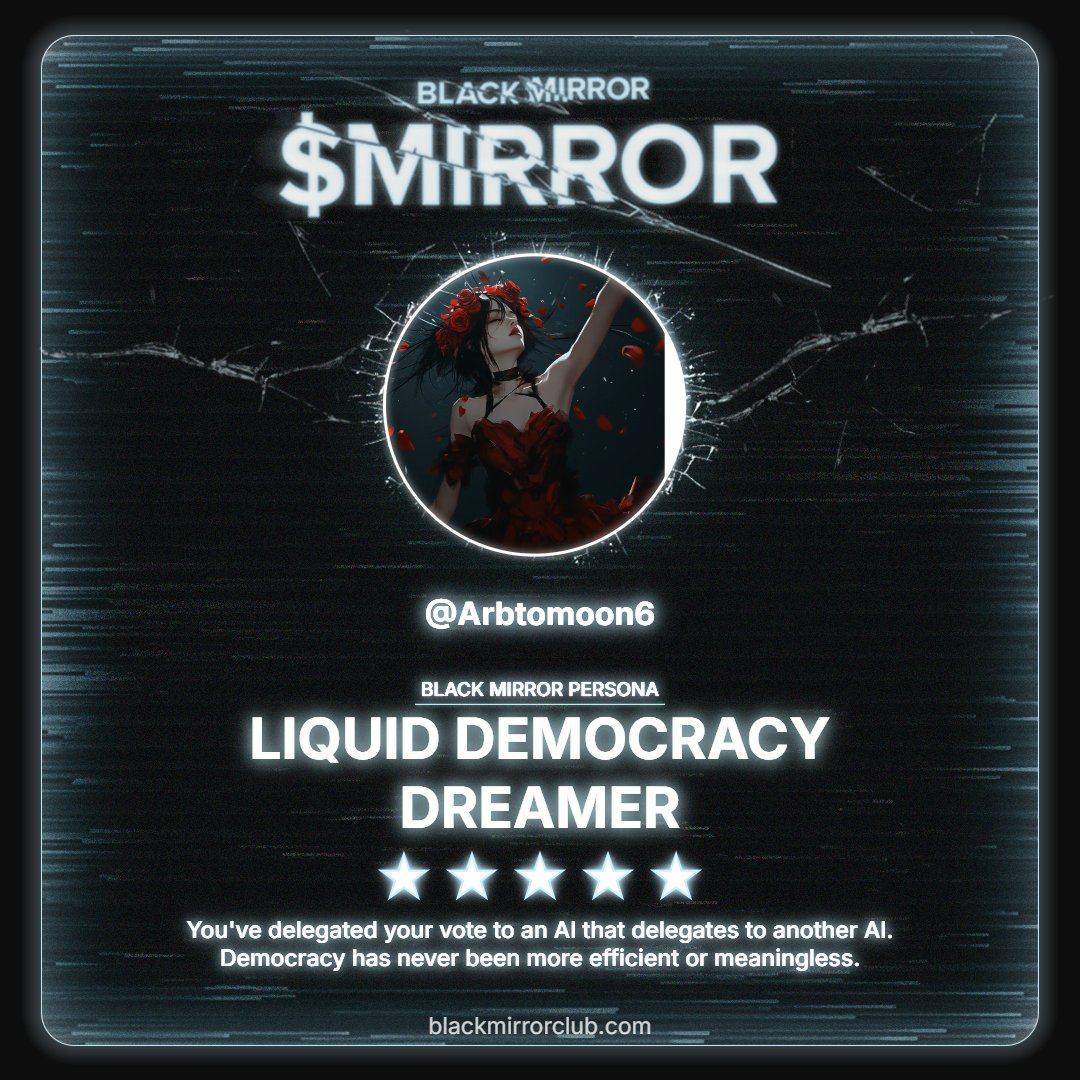 Arbtomoon6's tweet photo. Scanned and processed. The algorithm judged me.
Discover your Black Mirror Persona by @blackmirror_xp and claim yours now.
https://t.co/z9UIXznG1h https://t.co/NIG1RryHol