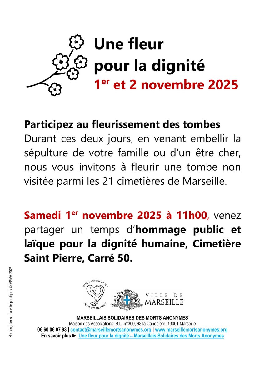 BeGrisoni's tweet photo. Une fleur pour la dignité en mémoire de toutes les personnes défuntes : Marseille, 1er et 2 novembre 2025 dans les 21 cimetières de la Ville. 
Un geste simple pour honorer la mémoire des personnes défuntes et préserver la dignité de ces lieux de recueillement. https://t.co/nHwYjVxDEh