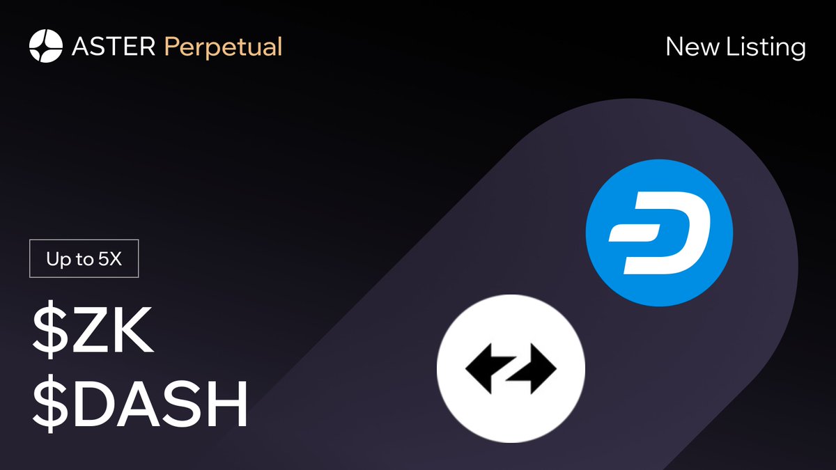 Aster_DEX's tweet image. 🚨 New Perp Listings Alert!
$ZK and $DASH are live on Aster Perpetual with up to 5x leverage.
Trade now to enjoy a 1.2x symbol boost until 23:59 UTC 9 Nov.

🔸 $ZK ( @zksync ): asterdex.com/en/futures/v1/…
🔸 $DASH ( @Dashpay ): asterdex.com/en/futures/v1/…