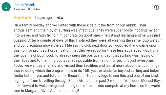 It warms my heart to receive reviews like this from total strangers.

15 years of sacrifice for <a href="/the_surfer_kids/">The Surfer Kids Non-Profit</a> was worth it, after all...