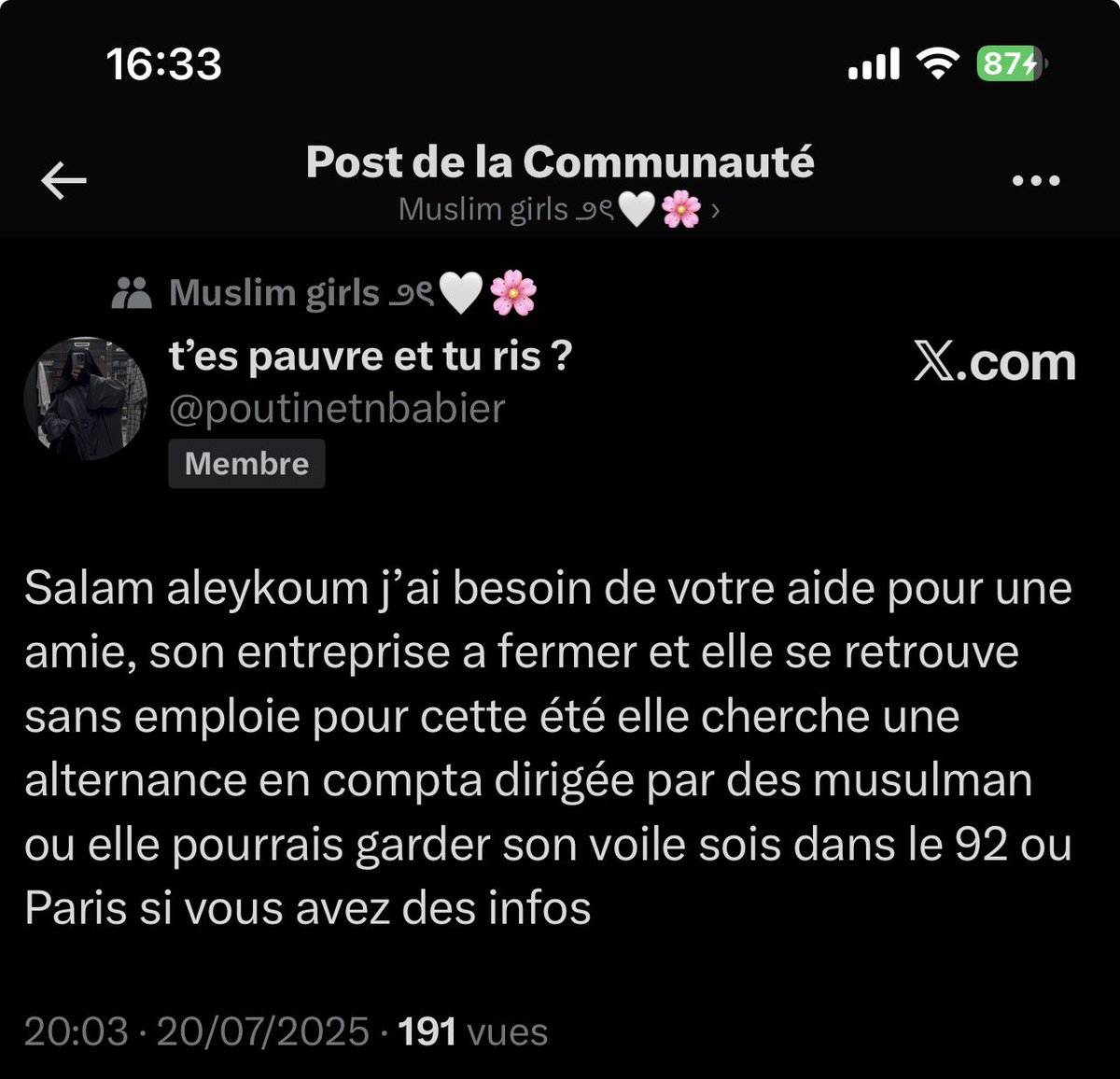 poutinetnbabier's tweet image. Salam aleykoum wa rahmatullah wa baraakatuh je refais ce post car elle n’a toujours pas trouvé et elle risque vraiment de perdre son alternance alors svp relayez un maximum baraakAllah ufikoum