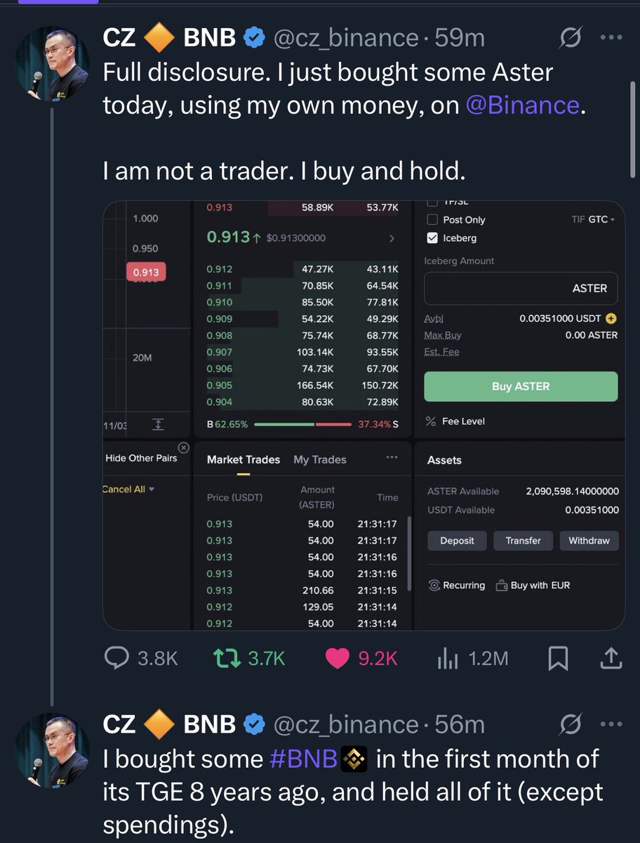 CZ sends his regards to $ASTER bears, on a Sunday, buying $2M in spot on Binance. 💀

He also restated that he buys and holds, as he isn’t a trader.

Time in the market beats timing the market comes to mind.