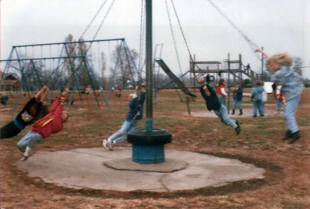 “Hey, boss, I’ve got an idea for a new piece of playground equipment.”

“Let’s hear it.”

“Kids grab a chain and hold on for dear life while spinning at a high rate of speed.”

“I like it, but it doesn’t sound dangerous enough.”

“Don’t worry, we’ll also lay down some concrete.”