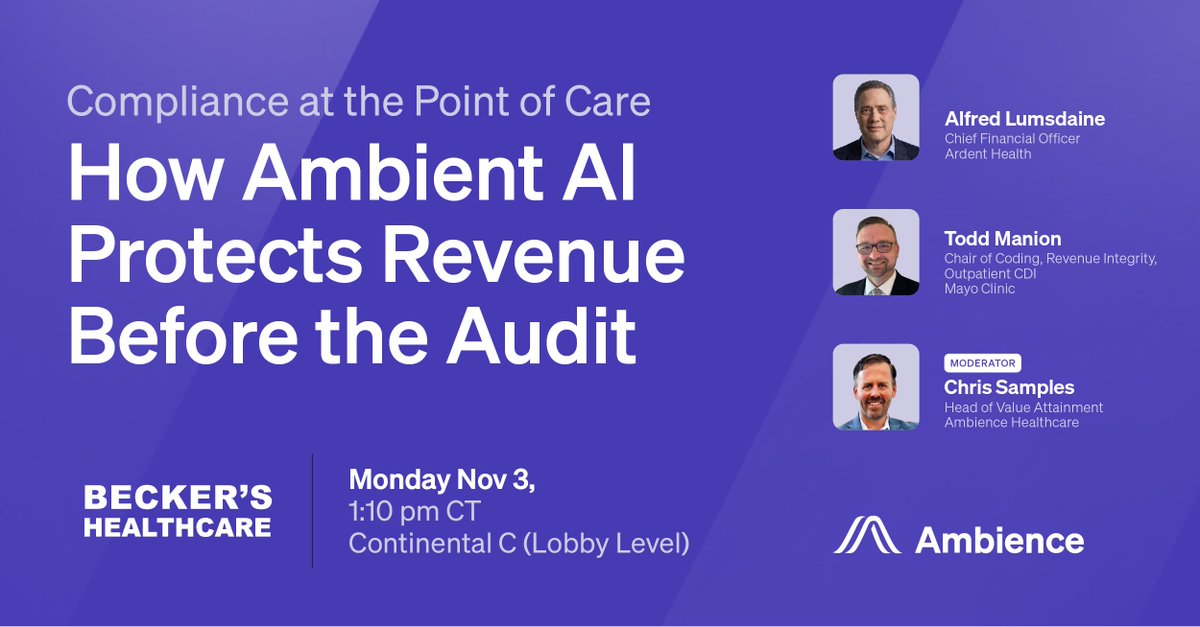 Join us at the <a href="/BeckersHR/">Becker's Hospital Review</a> CEO + CFO Roundtable on Monday, November 3, for a session on one of the most urgent challenges in healthcare finance today: ensuring compliance and revenue integrity in the age of AI #BeckersHealthcare #Compliance #RevenueIntegrity #AIinHealthcare