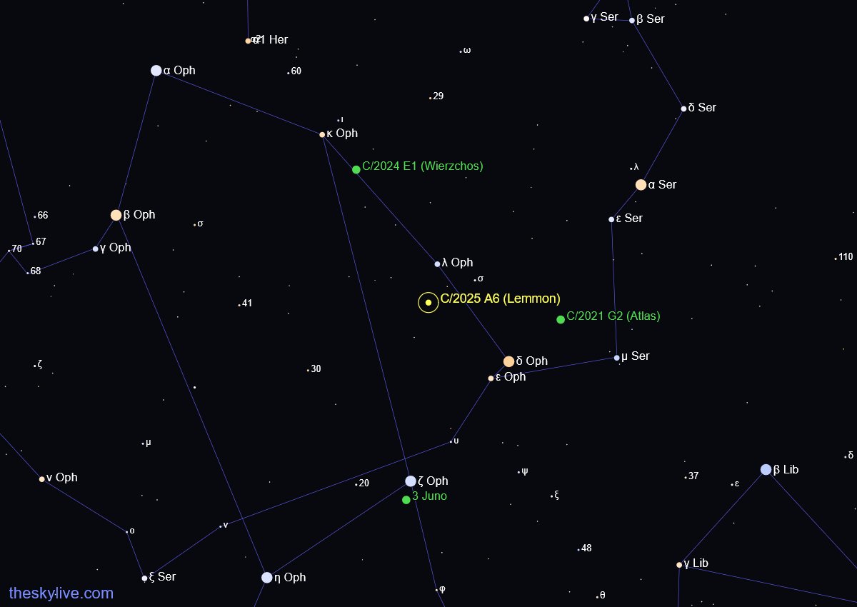 osiris_returns's tweet image. Comet A6 (Lemmon)

Currently in Ophiuchus (The Serpent Bearer), the comet, even though more spectacular, has passed Earth and approaching the Sun.

Anyone with good clear sky should go out and see the Comet as it is getting fainter with distance.

To the top left of the Sunset...