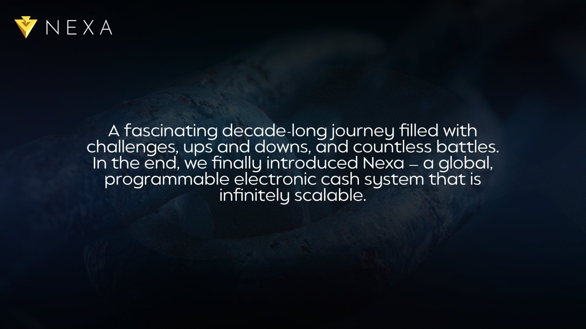 NexaMoney's tweet photo. A fascinating decade-long journey filled with challenges, ups and downs, and countless battles. In the end, we finally introduced Nexa — a global, programmable electronic cash system that is infinitely scalable. https://t.co/YaV51dyt2H