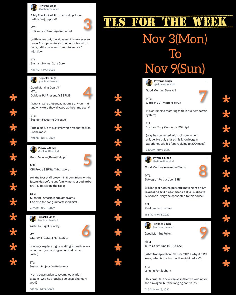 𝗪𝗘𝗘𝗞𝗟𝗬 𝗧𝗟𝘀 𝗣𝗢𝗦𝗧 
▬▬▬▬▬▬▬▬▬▬
𝗧𝗟𝘀 𝗙𝗼𝗿 𝗧𝗵𝗲 𝗪𝗲𝗲𝗸
[𝗡𝗼𝘃 𝟯rd (Mon) to 𝗡𝗼𝘃 𝟵th (Sun)]
as given by <a href="/withoutthemind/">Priyanka Singh</a>
( Earlier In The Campaign)
👇🏻👇🏻👇🏻
｡✥▞✥▞✥▞✥▞✥▞✥▞✥▞✥▞✥｡
𝗡𝗼𝘃 𝟯
𝗠𝗧𝗟:
SSRJustice Campaign Reloaded

(With