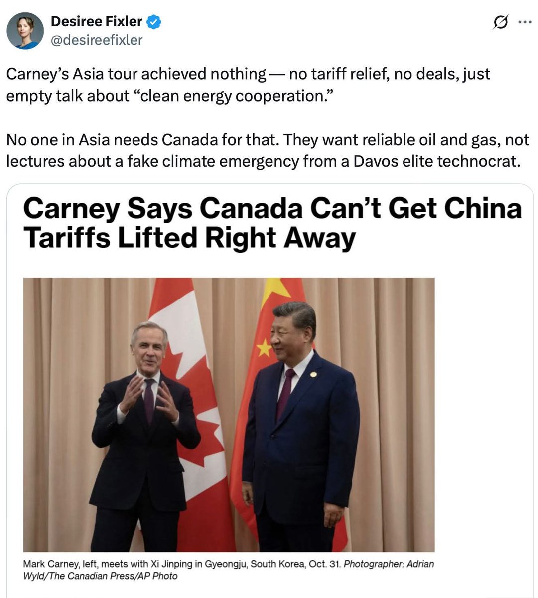 2021Ccmbc's tweet photo. 🌏 Carney conquers Asia... with hot air about 'clean' collaborations, while tariffs roll on. Heres a Pro tip for @MarkJCarney: Lecturing on fake apocalypses won't fuel factories – try exporting reality instead.
#cdnpoli @desireefixler @Swiftie01 #ChinaTariffs #CarneyCantNegotiate