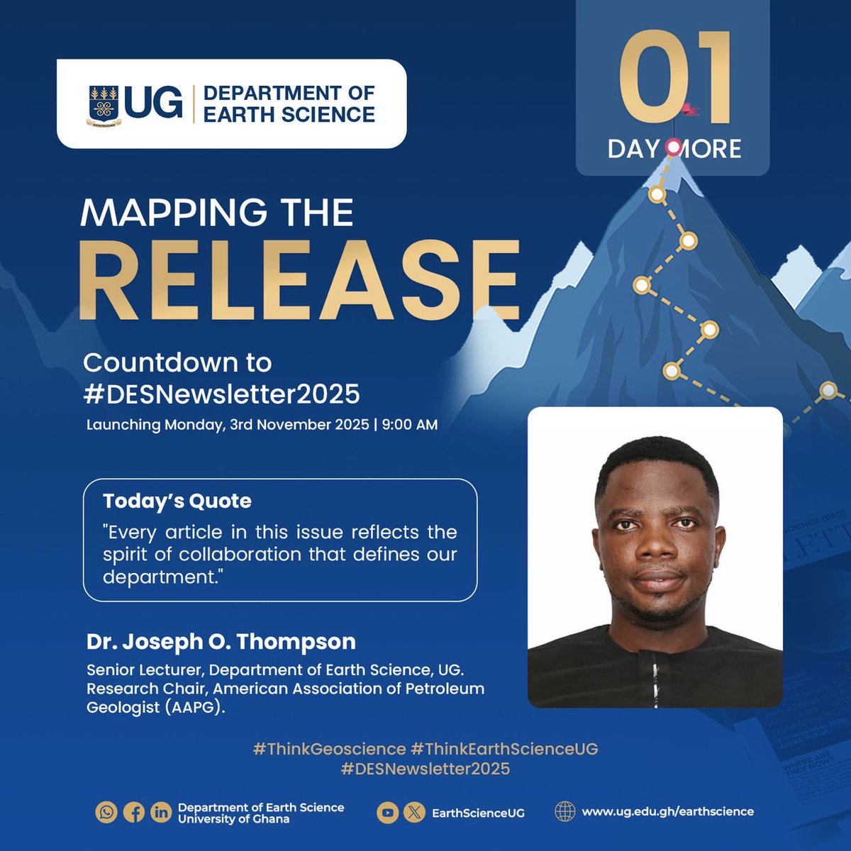 A day more to go for launch! 

Tomorrow, we unveil stories of innovation, fieldwork, and discovery from the Department of Earth Science.

You don’t want to miss what’s inside.

#EarthScienceUG