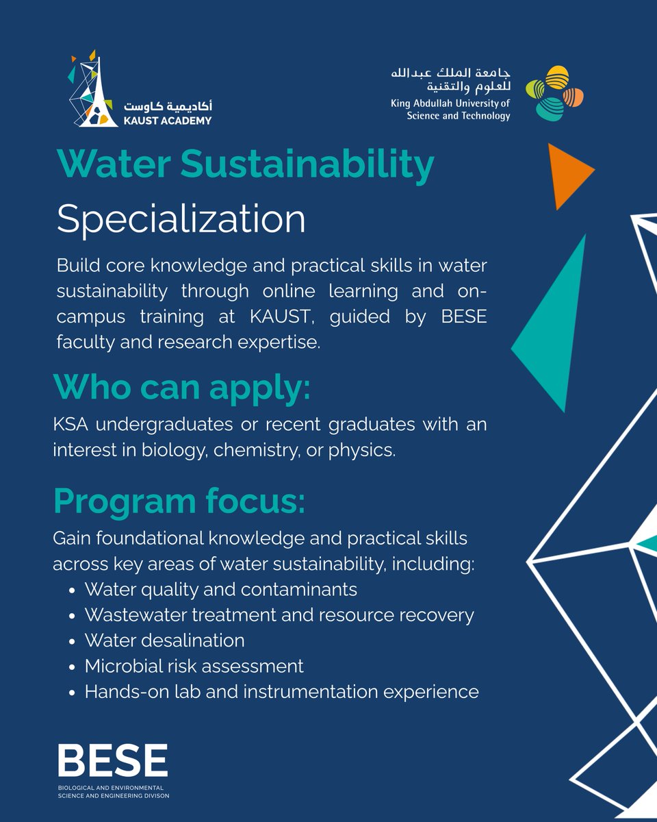 KAUST_Academy's tweet photo. We’re excited to announce KAUST Academy’s newest specialization in Water Sustainability!

Gain advanced skills to help shape the future of water innovation in the Kingdom. 🇸🇦

Led by global experts from KAUST’s Biological and Environmental Science and Engineering Division @BESE_KAUST, this program blends academic excellence with hands-on training to prepare you to lead in one of the Kingdom’s most vital sectors.

Are you ready to develop your expertise and build the future? Register now:

https://t.co/tu8Z4qHOT9

To learn more, join our online webinar, where we’ll cover the program stages and application process, walk through the curriculum, and answer your questions.

📍 Guest Speaker: Professor Peiying Hong @EnvMicroSafety, Professor and Associate Dean of Students, Biological and Environmental Science and Engineering Division

📅 Date: Monday, November 3, 2025 🔗 Register here:

https://t.co/eYSejCwM2d

#KAUST_Academy #KAUST #SaudiTalent #Water_Sustainability