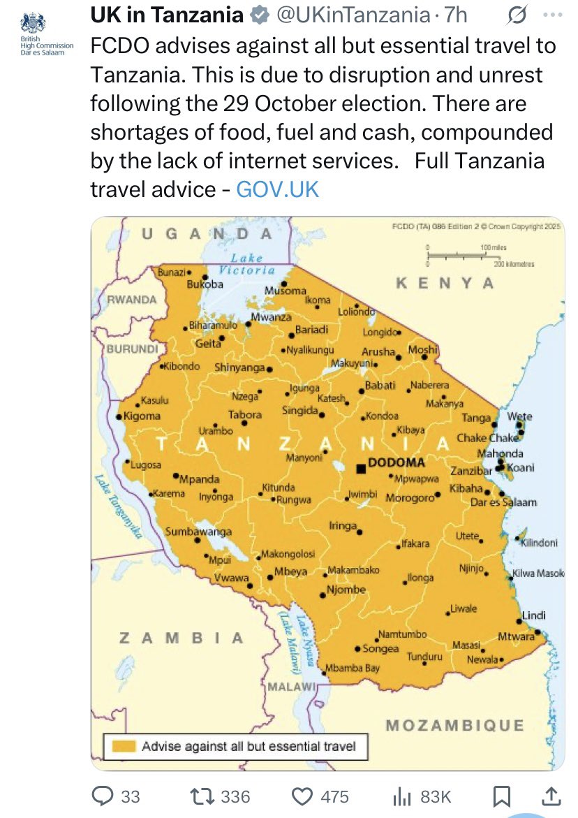 dr_dash250's tweet photo. What is happening in Tanzania? I hear they don’t have internet! The government shut it down?

Pope Leo, American embassy in Tanzania, UK embassy, Swedish embassy all are advising people not to travel to Tanzania! 

Food shortage, fuel and cash! No internet! With 98% of votes, people should have been celebrating and talking about how they miss the campaigns because they were fun! But it seems different in Tanzania!

Anyone with news please educate me!