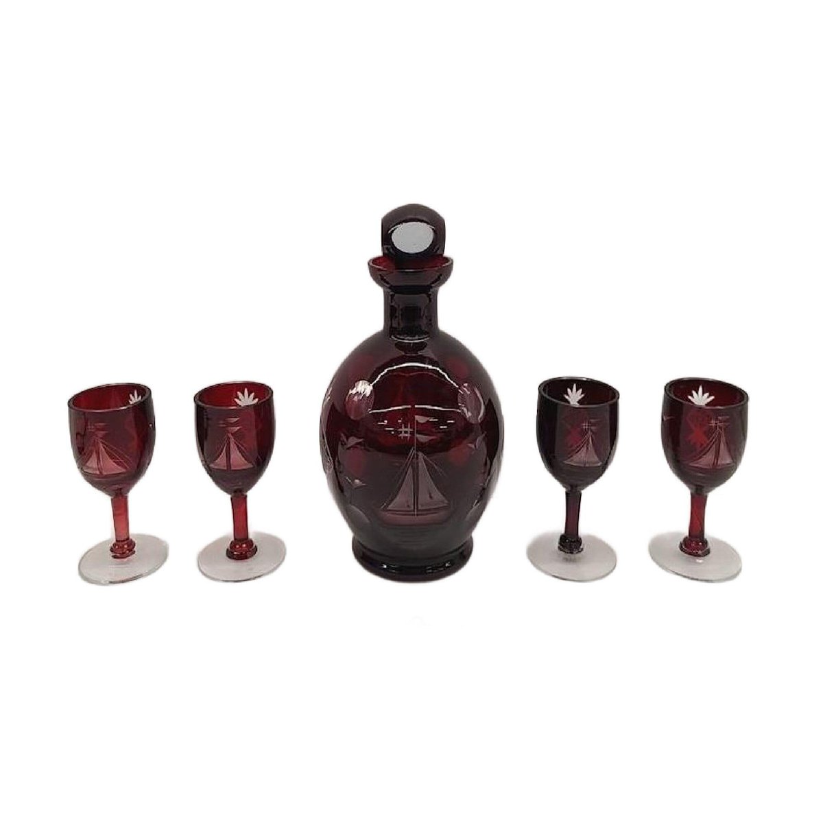 JunkYardBlonde's tweet photo. Mid Century Bohemia Cut to Clear Ruby Red Stemmed Cordial & Decanter Set , 5 Pieces https://t.co/ITdRgnzo47 #JunkYardBlonde #Etsy #CutToClear https://t.co/0bdMqUcM52