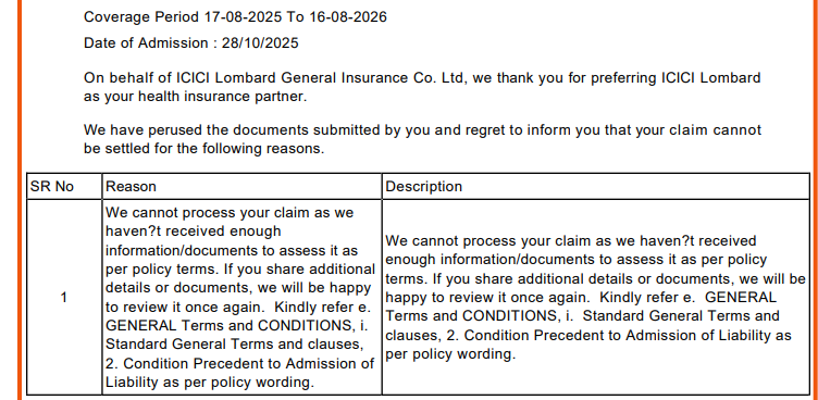 ThorMjulner's tweet photo. @ICICILombard repeatedly rejecting my cashless claim on vague grounds despite complete documentation.

Surgery postponed because of insurer delay.

@NIKHILLJHA  @IRDAI_India please look into such unfair practices.

#HealthInsurance #ICICILombard #ConsumerRights #IRDAI #ICICI https://t.co/CwyfW4XO8P
