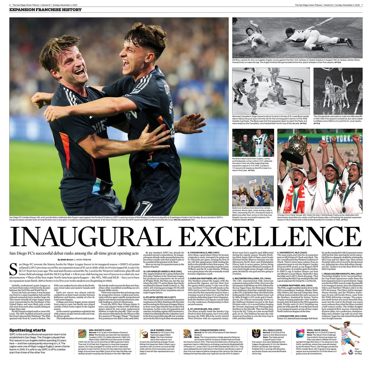 In today's <a href="/sdut/">The San Diego Union-Tribune</a> print and e-edition: As San Diego FC's stellar first season continues in the MLS playoffs, <a href="/UTEddieBrown/">Eddie C. Brown III</a> takes a look at where SDFC ranks among the best inaugural seasons for expansion teams in sports history.