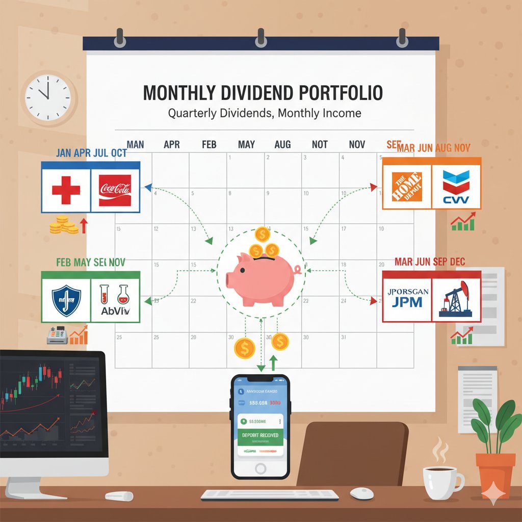 요즘 월배당 커버드콜이란 상품이 유행하던데 정말 코메디다.
무슨 콜 매도를 쳐서 프리미엄 따먹으며 푼돈 벌 생각을 하다니..
기업의 성장과 함께하는 배당전략에 대한 모독 아닐까....

월배당이 필요하면 아래처럼 분기배당 미국 주식을 교차 매수해 놓으면 된다.
대략 3% 이상 주고 성장하면서