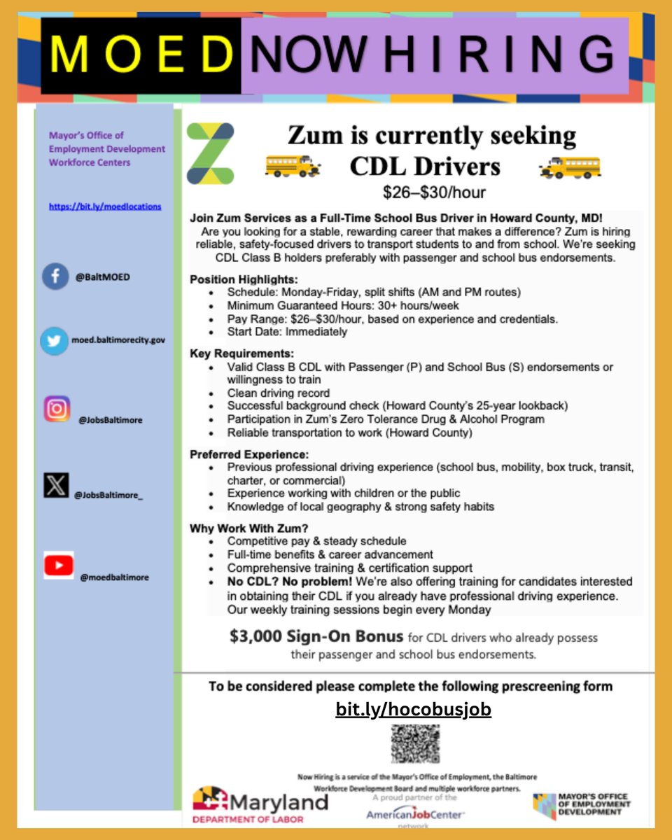 ZUM is hiring CDL drivers for $26 to $30 an hour! 🔥🙌🏽

Must have your CDL license and previous professional driving experience. 

Apply today ➡️ bit.ly/hocobusjob