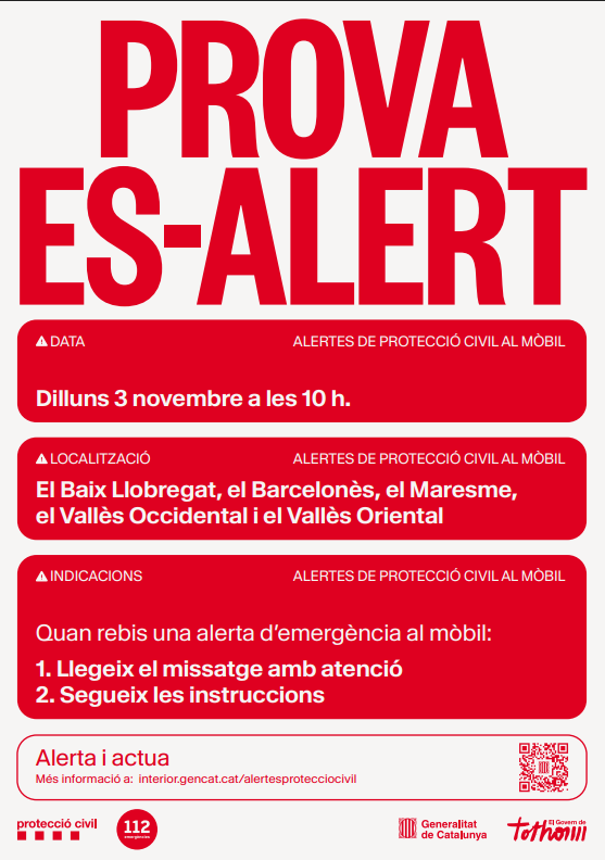 emergenciescat's tweet image. 📲 Demà dilluns, 3 de novembre, nova prova del sistema d&apos;alertes de #ProteccióCivil als telèfons mòbils

🕙 10 hores

Comarques de Barcelona (Baix Llobregat, Barcelonès, Maresme, Vallès Occidental i Vallès Oriental)