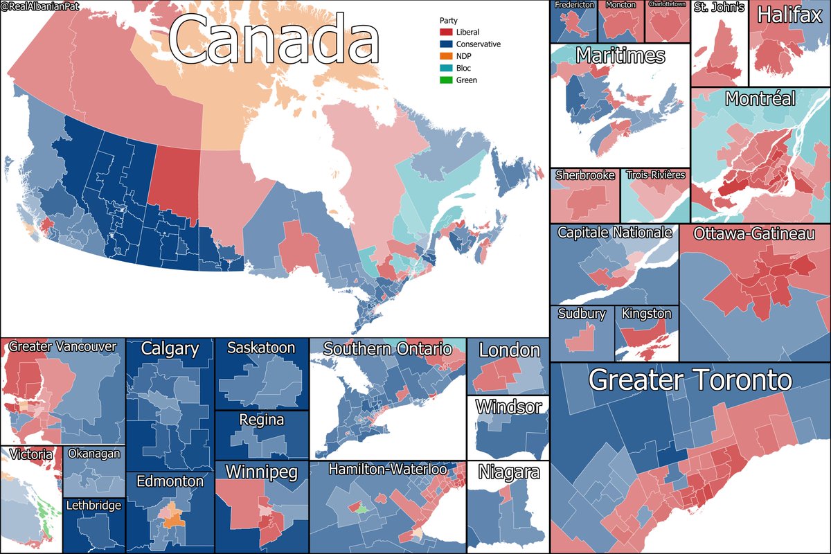 Latest Abacus poll modelled out

🔵CON: 165 seats (+21)
🔴LIB: 146 seats (-23)
⚜️BQ: 23 seats (+1)
🟠NDP: 7 seats (-)
🟢GRN: 2 seats (+1)

🔵Conservative Minority Government

(+/- change from 2025 election)

Feel free to ask for any ridings