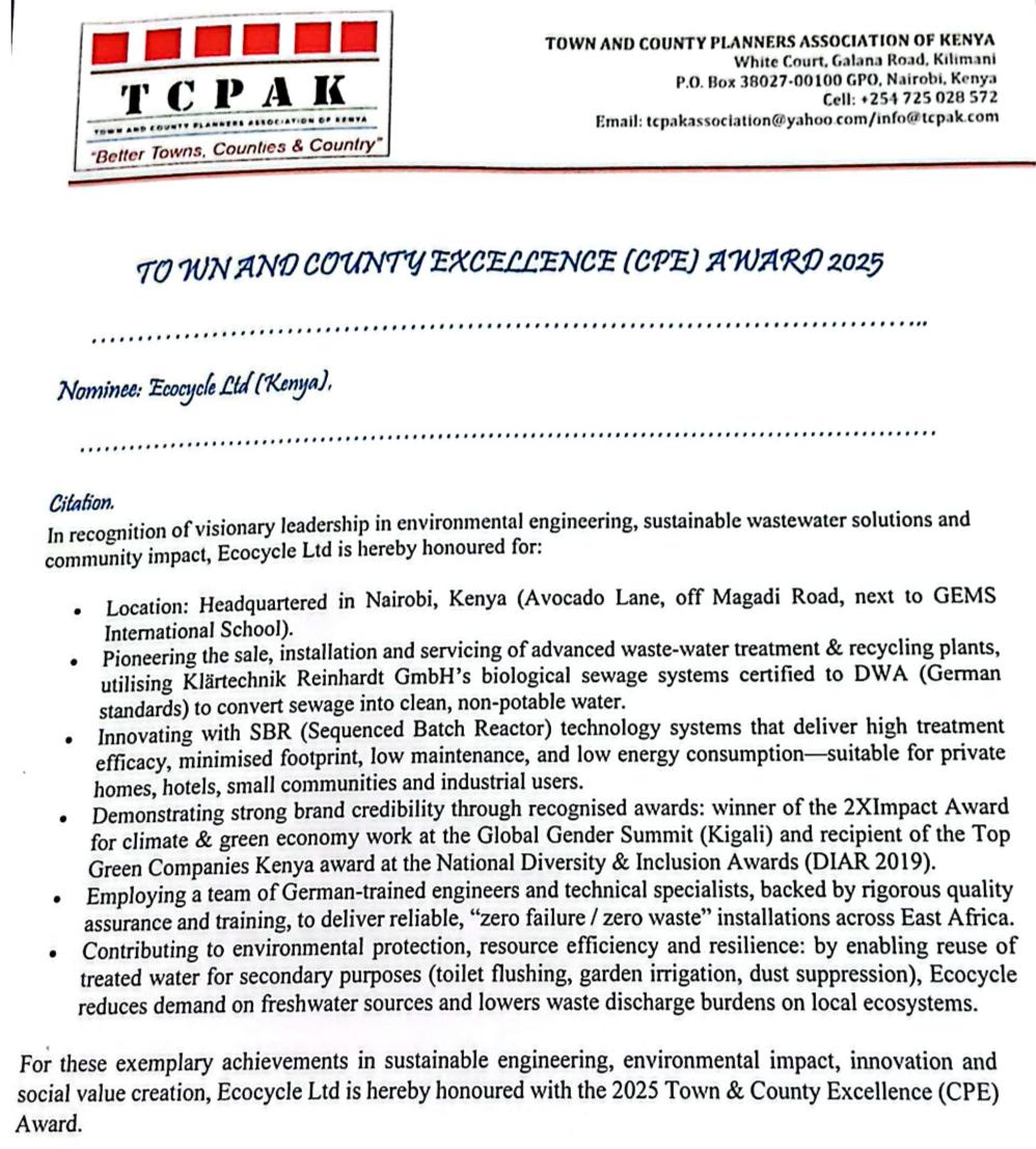 🏆 𝐖𝐈𝐍𝐍𝐄𝐑🥇TOWN &amp; COUNTY Excellence Award (Environment &amp; conservation)
<a href="/EcocycleLtd/">ECOCYCLE Ltd -SEWAGE to H2O Tech</a> SEWAGE  to REUSABLE Water technology generates SAFE water for e.g. irrigation,toilet flushing.Reduces freshwater demand &amp; pollution towards a circular economy. #Smartcities <a href="/HonKangata/">Irungu Kang'ata</a>