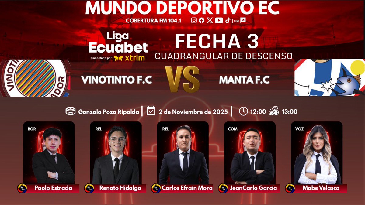 🏆¡LIGAPRO! Arrancamos con la jornada de domingo por el cuadrangular de descenso por #ligaecuabet desde el sur de la Capital
<a href="/vinotinto_ec/">Vinotinto FC Ecuador</a> 🆚 <a href="/MantaFutbolClub/">Manta Futbol Club</a> 

🎙️ <a href="/CarlosEfrainM/">Carlos Efraín Mora M</a> 
🎙️ <a href="/rxhidalgo_/">Renato Hidalgo</a> 

🗒️ <a href="/jeanca1603/">Jeancarlo garcia</a> 

🏟️ Javier Estrada 

🗣️<a href="/mabe_velasco/">Mabe</a>