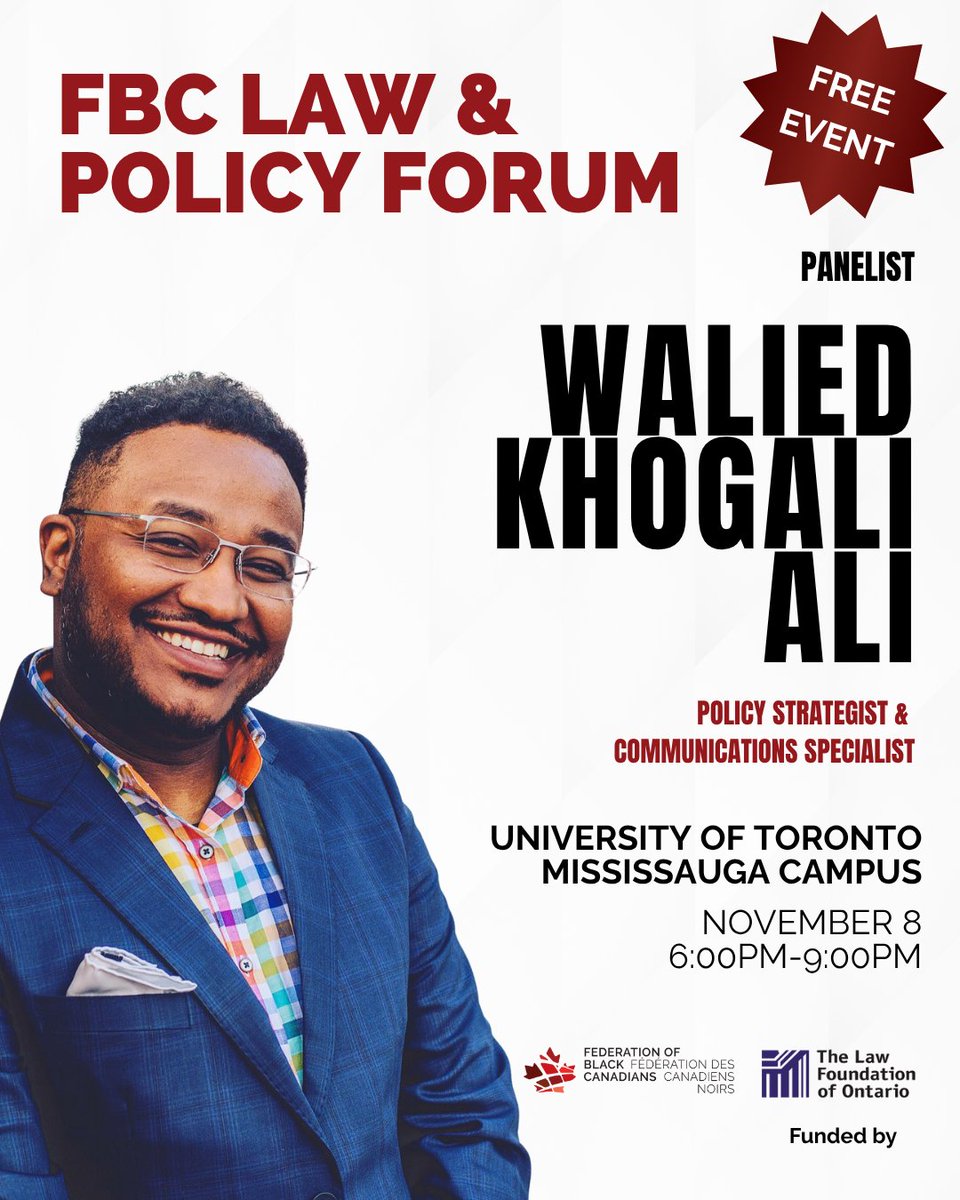 We’re honoured to welcome Walied Khogali Ali to the panel at FBC’s Law and Policy Forum on November 8th at the University of Toronto Mississauga Campus, funded by The Law Foundation of Ontario!

Link to register for this FREE event: zurl.co/SAhQ6 !

#LawAndPolicyForum