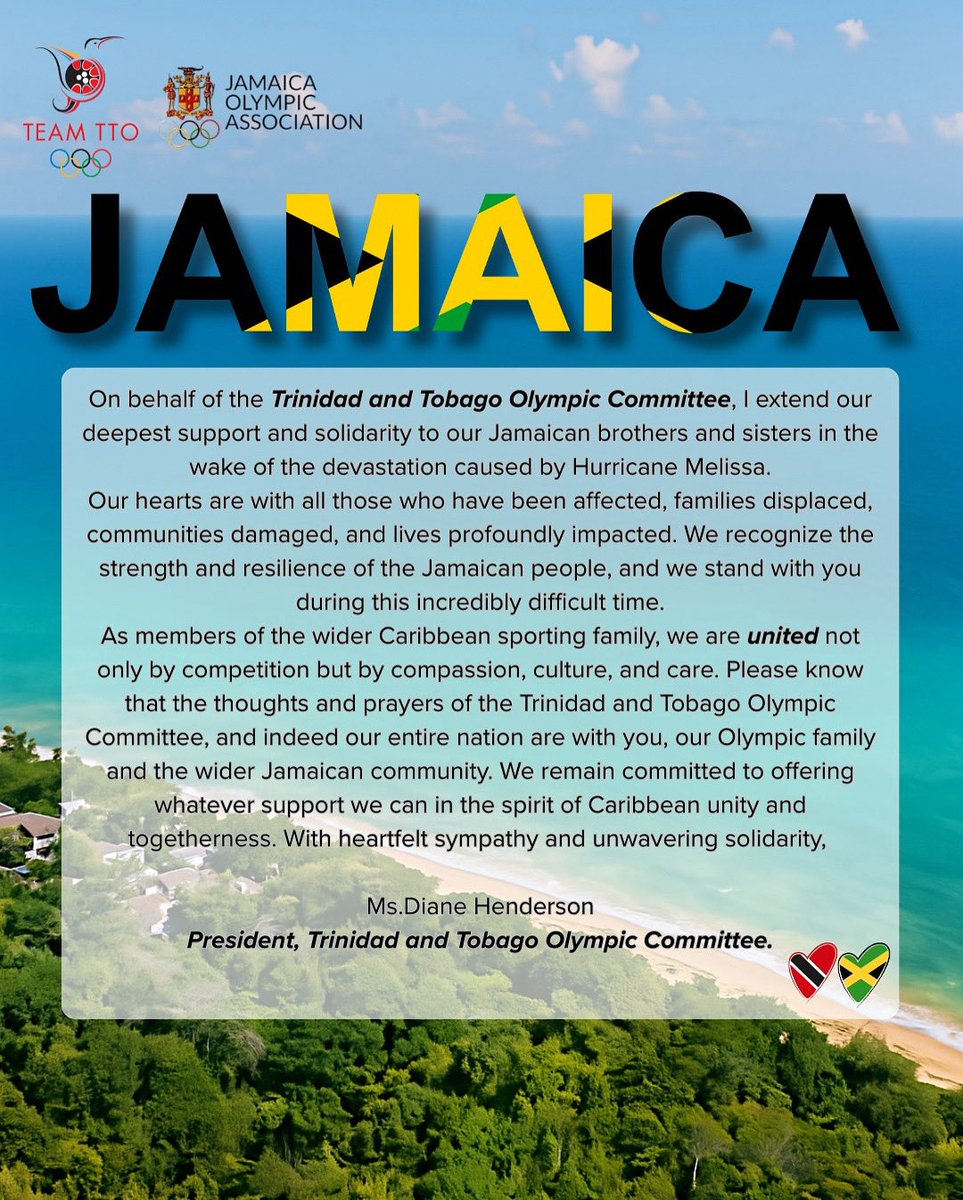 From one island to another — our hearts are with Jamaica.🙏🏽
We stand with you in strength, in faith, and in unity. 🇹🇹❤️🇯🇲
#CaribbeanTogether #OneCaribbean #TeamTTO #TeamJamaica #Jamaica #TrinidadandTobago #melissa