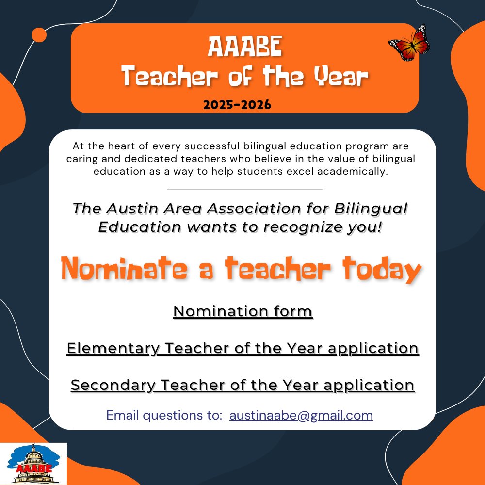 <a href="/AustinAABE/">AAABE</a> wants to celebrate the dedication and commitment of our classroom teachers. Nominate a bilingual educator today: docs.google.com/forms/d/e/1FAI…