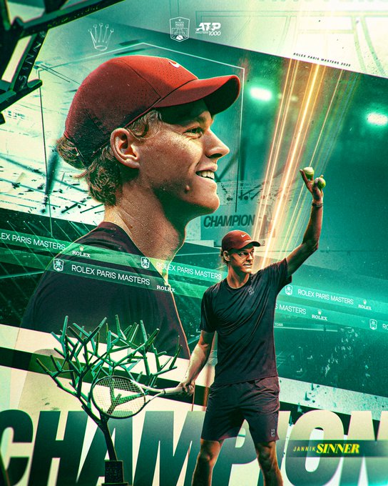 Jannik Sinner wears a red cap and navy tennis outfit while smiling and raising a tennis racket in one hand and a trophy in the other against a green background with glowing lights and ATP branding. The composition includes a side profile of him in action on a court with a small plant element and overlaid text reading Rolex Paris Masters and Champion. The arena setting is visible in the background with event logos.