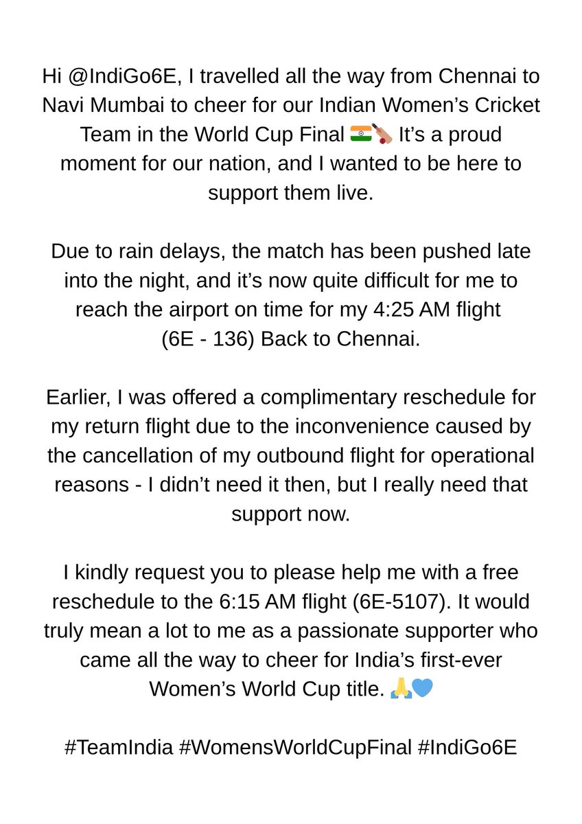 cricanandha's tweet image. Hello @IndiGo6E 
Writing this message from Dr DY Patil Sports Academy Stadium, Navi Mumbai. Please have a look and do respond!!!
#ICCWomensWorldCup2025 #INDWvsRSAW #Indigo