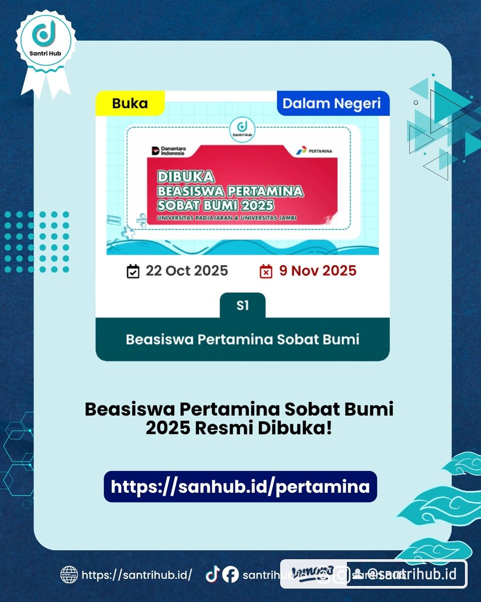 SantriHub's tweet photo. Beasiswa Pertamina Sobat Bumi 2025 Resmi Dibuka

📚Terbuka untuk Universitas Padjadjaran &amp; Universitas Jambi
 
🗓️ Pendaftaran Ditutup: 9 November 2025
🔗 Daftar &amp; info lengkap: https://t.co/I50DG3pH1O
 
#BeasiswaPertamina #SobatBumi2025 #BeasiswaIndonesia #SantriHub  #BeasiswaS1 https://t.co/ne97dEw9ba