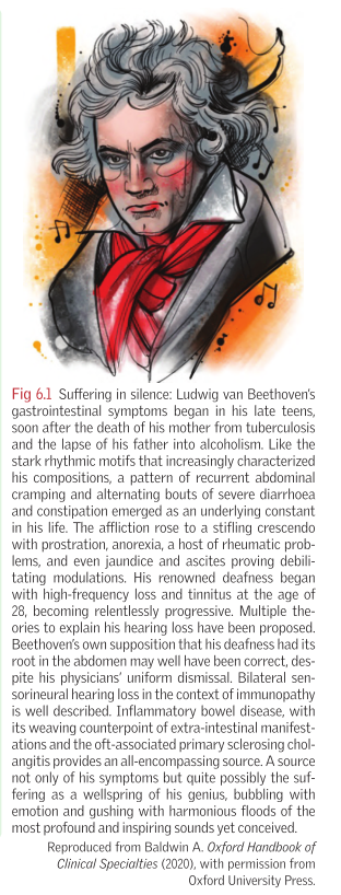Interesting Story on Beethoven's GI symptoms and hearing loss. 
(excerpt from Oxford Handbook of Clinical Medicine)