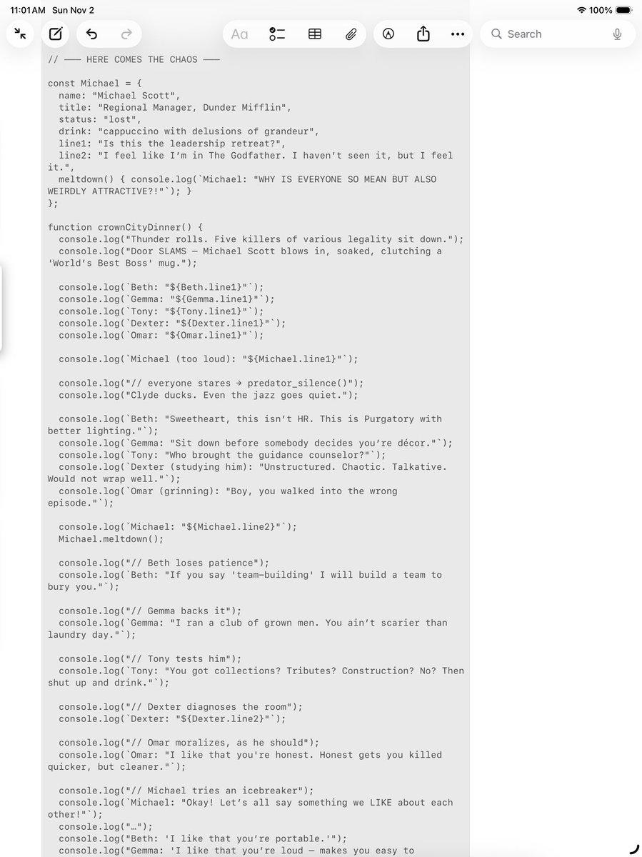 AkiraAshSatires's tweet image. Akira Ash Sunday Pseudocode Graffiti™

Michael Scott Walks Into a Bar in Crown City

Six killers and one manager walked into a bar. Only the Wi-Fi survived.

⸻

By ©Akira Ash ©Helena K. Rene, PhD

🔗 X: @AkiraAshSatires
🔗 BlueSky: @AkiraAshSatires.bsky.social
🔗 FB:…
