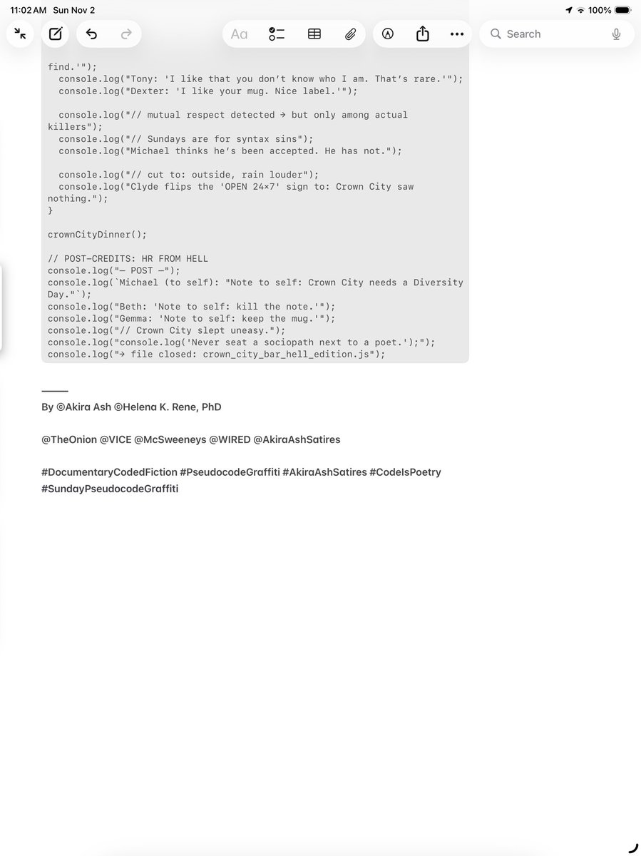 AkiraAshSatires's tweet image. Akira Ash Sunday Pseudocode Graffiti™

Michael Scott Walks Into a Bar in Crown City

Six killers and one manager walked into a bar. Only the Wi-Fi survived.

⸻

By ©Akira Ash ©Helena K. Rene, PhD

🔗 X: @AkiraAshSatires
🔗 BlueSky: @AkiraAshSatires.bsky.social
🔗 FB:…