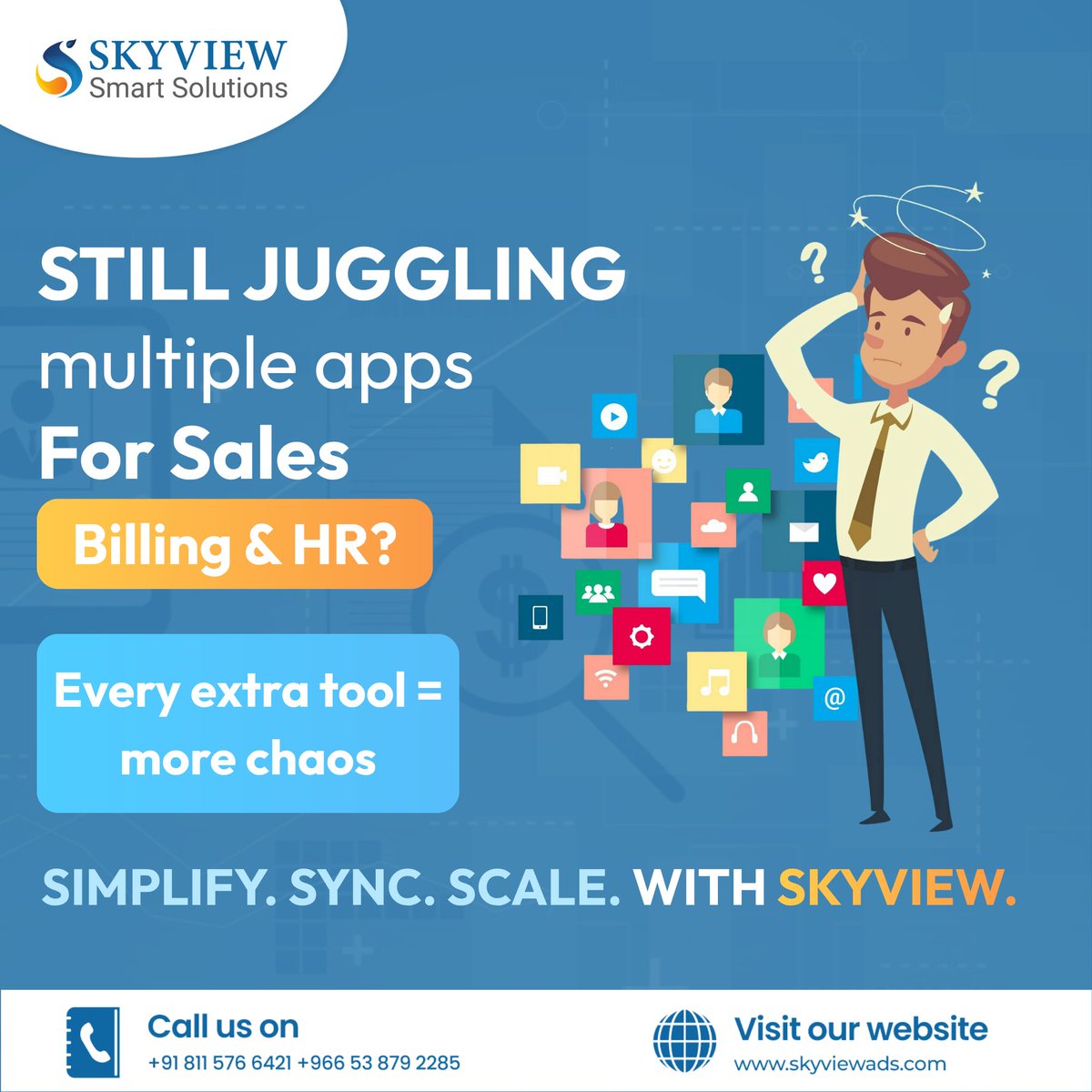 SmartSkyview's tweet photo. Still switching between multiple apps just to manage Sales, Billing &amp; HR? Worry no more!
Simplify operations, sync your data, and scale your business—without the tech headache.
Work smarter. Grow faster. Choose Skyview.

#BusinessAutomation #ERPSystem #SmartBusiness #Business https://t.co/cAPGKscesY