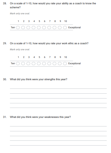 Here's a post-season survey the Head Coach can send to assistants. Maybe it can help someone out today. 

If you want to see the entire 33 question survey, get the PDF here: drive.google.com/open?id=1vKqCK…

If you want to edit this, it is available on patreon: patreon.com/c/parkerresour…