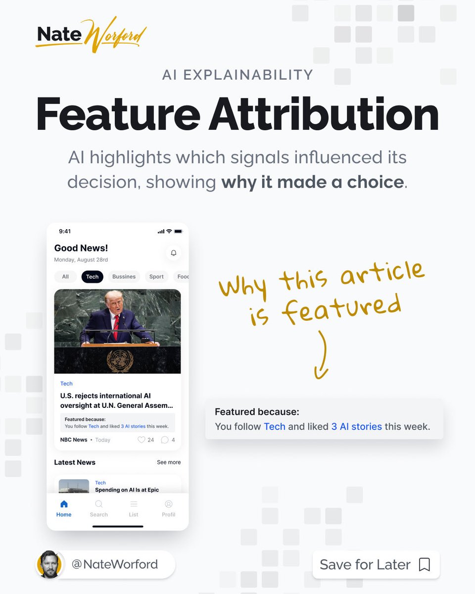 nateworford's tweet image. Users want to know why they’re seeing something.

👉 The win: Attribution makes algorithmic choices visible and easier to trust.

~ Nate

#AIDesign #UXDesign #Explainability #UIUX #NewsApp