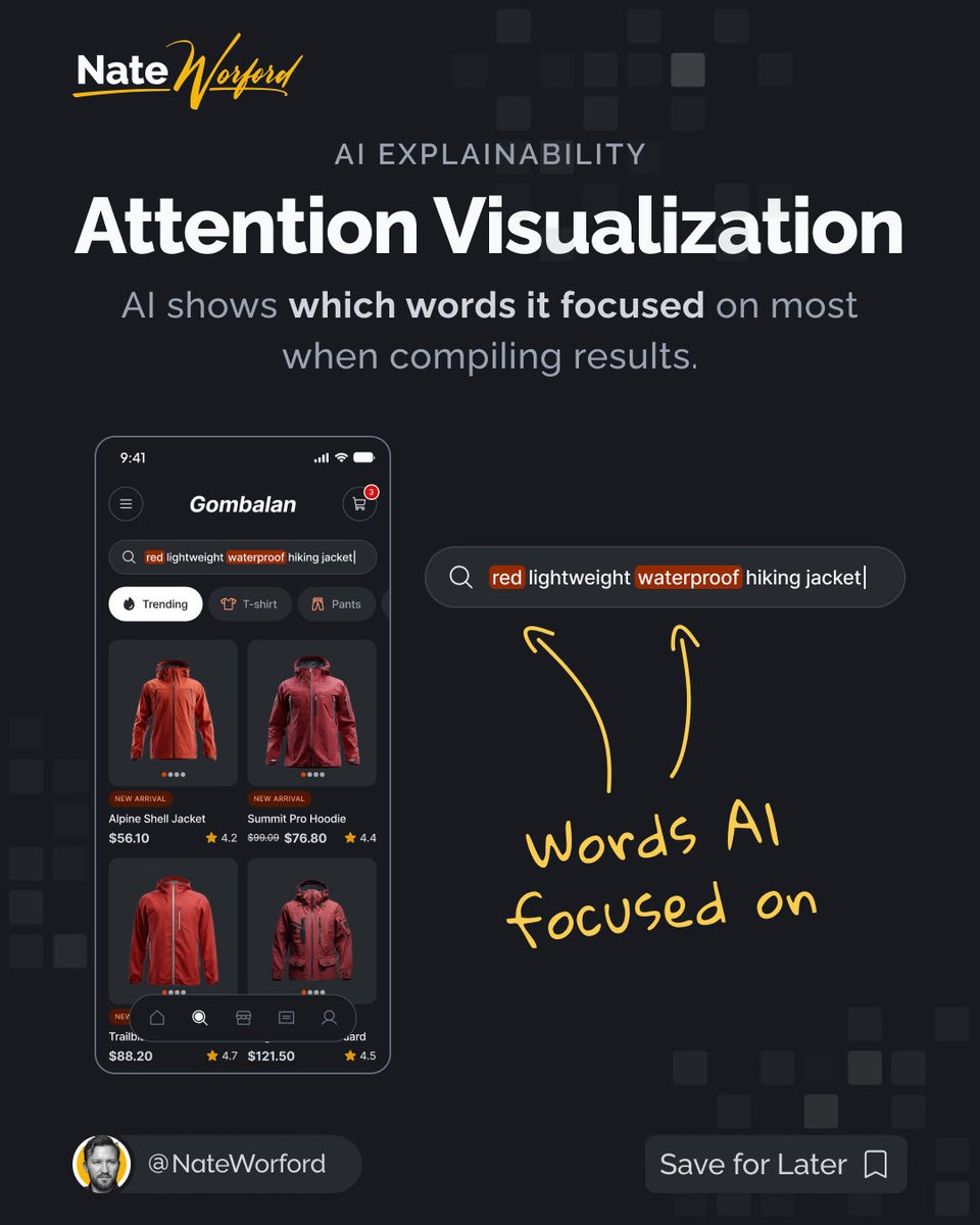 nateworford's tweet image. Attention Visualization shows which words the AI focused on.

👉 The win: Users quickly understand why results feel relevant.

~ Nate

#AIDesign #UXDesign #Explainability #ProductDesign #EcommerceDesign