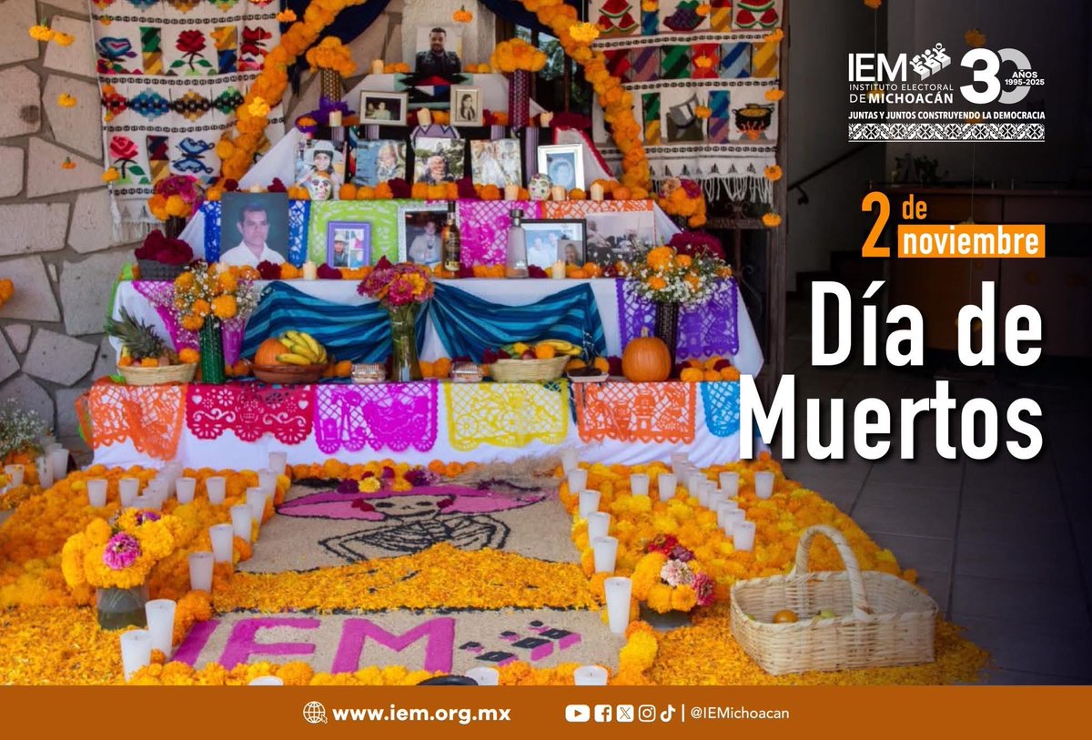 #Efeméride 🗓️

Hoy, 2 de noviembre, conmemoramos el Día de Muertos. 🧡

El #IEMich recuerda con respeto a quienes ya no están con nosotros y valora la importancia de preservar nuestras tradiciones ancestrales. 🕯️🌼
