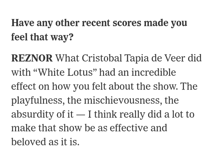 Trent Reznor confiesa que la música de "28 Years Later" (por Young Fathers) le pareció tan excepcional que lo impactó profundamente. También elogia a <a href="/CristobalMusic/">CRISTO🐾</a>  por el "efecto increíble" y "juguetón" de la música de White Lotus, clave para la serie.

nytimes.com/2025/11/01/art…
