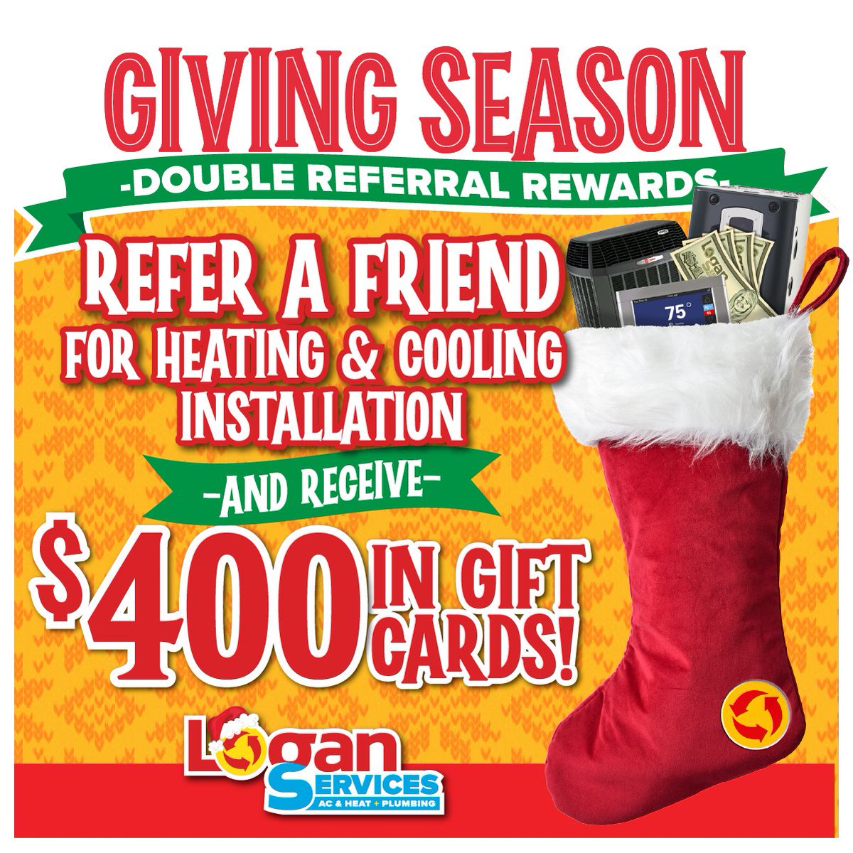 Refer a Friend 👥 
Friend Chooses Installation 🔧 
You Earn $400 in Gift Cards 💸 
It’s that simple – everyone wins with Logan Services! 🎉