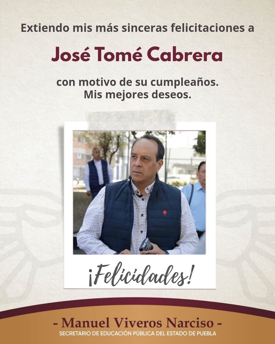 🎉 Felicito a mi amigo <a href="/JoseTomeCabrera/">Pepe Tomé</a> en su cumpleaños.

Su compromiso, entrega y vocación por el servicio público son ejemplo de trabajo con sentido humano.

Te deseo salud, alegría y más éxitos para seguir sumando al bienestar de Puebla.

#PensarEnGrande #PorAmorAPuebla