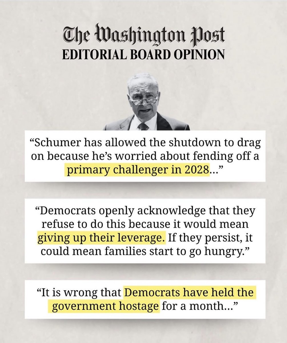 Even the ⁦<a href="/washingtonpost/">The Washington Post</a>⁩ is acknowledging that the Democrats own this shutdown all because of Chuck Schumer’s ego and there insane desire to hurt Trump and the Republicans even if they have to make the American people suffer. Shameful! #schumersshutdown #shutdown #dems