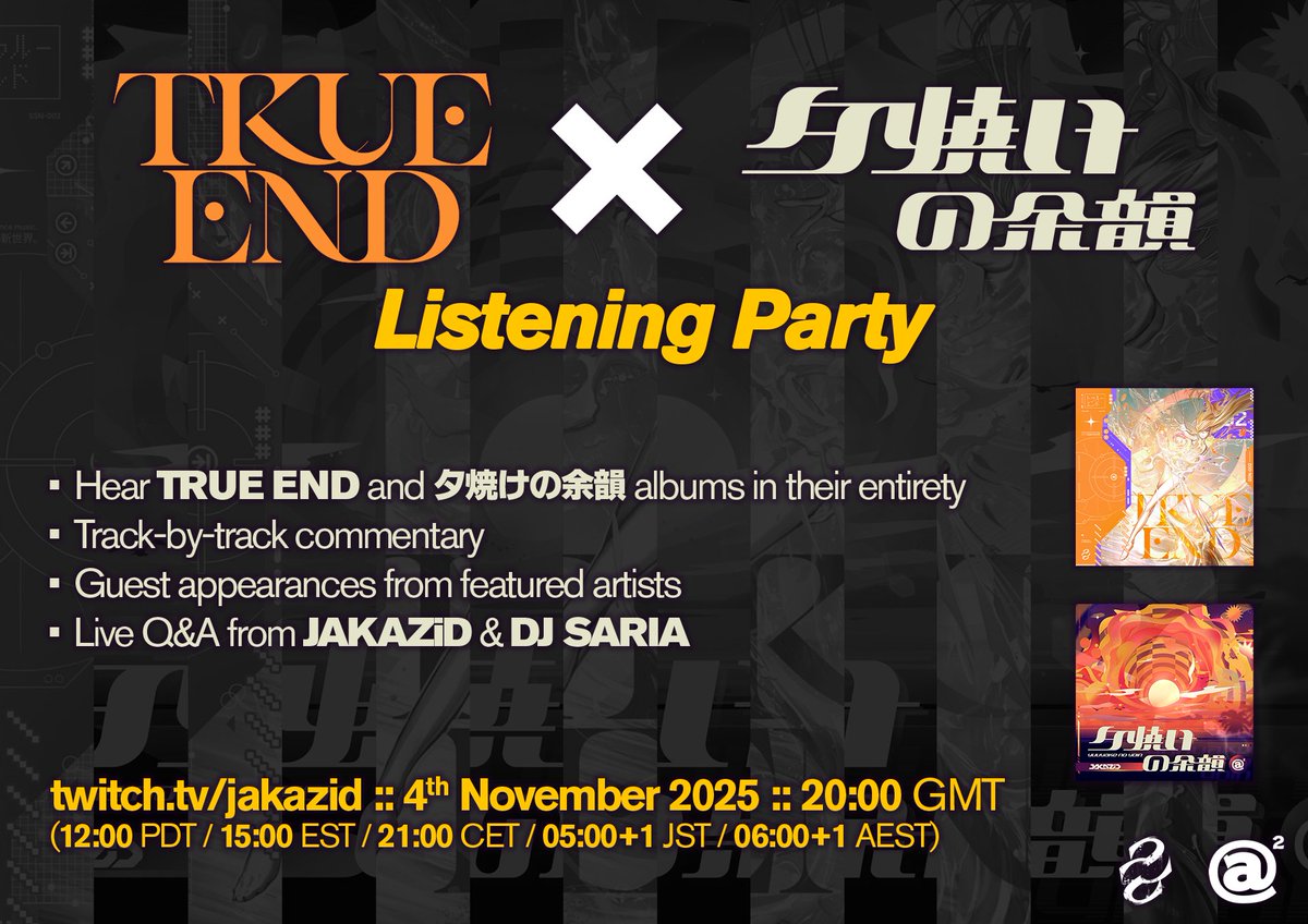 gonna be doing a joint listening party with <a href="/DJ_SARIA/">DJ SARIA @ BANG FACE WEEKENDER 15/11</a> this coming week for both our labels' first CD releases.

tune into twitch.tv/jakazid at 8pm on Tuesday to hear TRUE END and 夕焼けの余韻 in their entirety plus we'll be chatting a bit about each of the tracks too.
