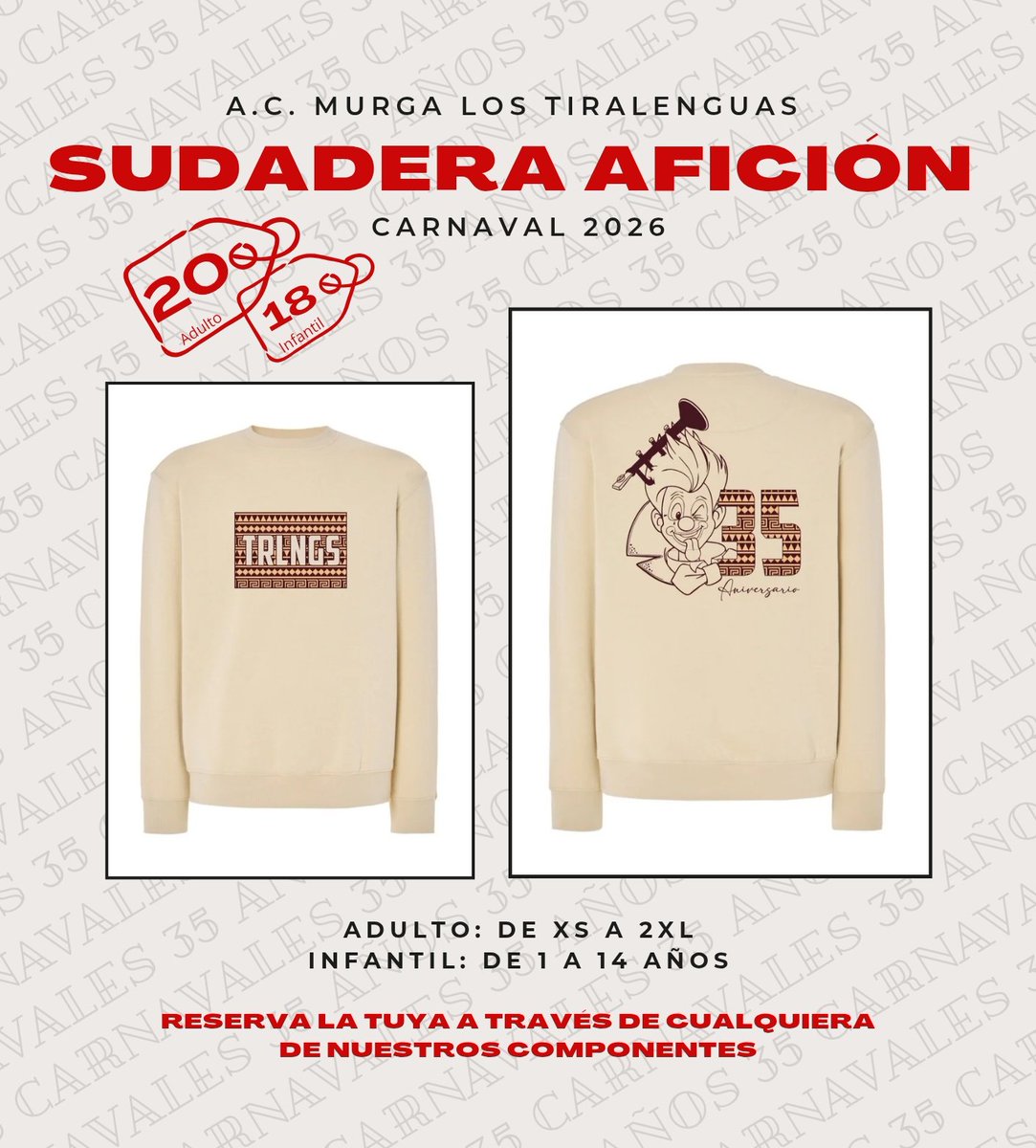SUDADERA TIRALENGUAS 2026 ✨

Ya está aquí, ya la tenemos afición, les presentamos la nueva sudadera para este próximo Carnaval. 

Reserva la tuya por medio de alguno de nuestros componentes 📩

 #TRLNGS #TRLNGS26 #JuntosComoNo #YoAceptoElReto