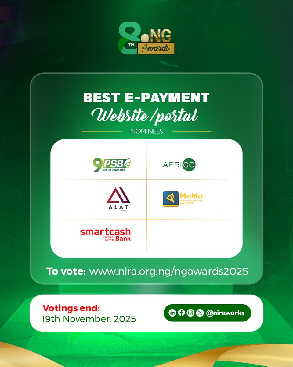 niraworks's tweet image. Meet the nominees driving innovation in the Nigerian e-payment space own a Nigerian digital identity. 

@alat_ng, @smartcashpsb, @MoMo_PSB, @9PSB_ng and @afrigopay 

Vote your winner nira.org.ng/ngawards2025. 

Voting closes November 1️⃣9️⃣, 2️⃣0️⃣2️⃣5️⃣