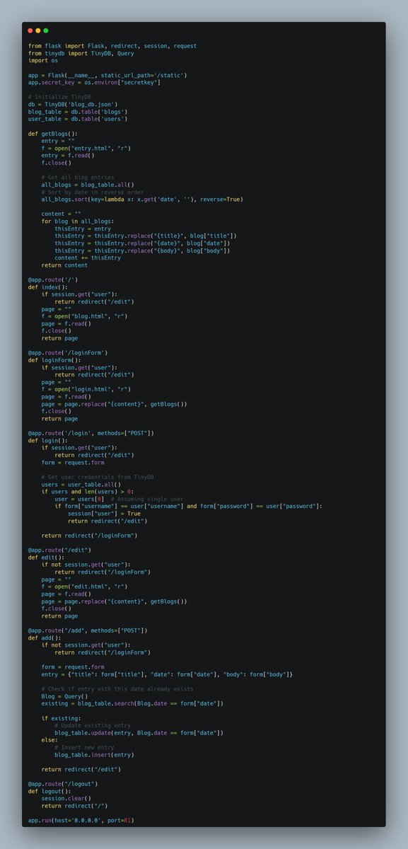 dkingony's tweet image. Day 86 of 100

Project Day: Blog👨🏾‍💻
Today, I worked on a full blog engine, with all I had learnt in the past few days using the #flaskframework 
Made a simple CRUBD operation for the blog with tinydb as well

#Replit100DaysOfCode #100DaysOfCode